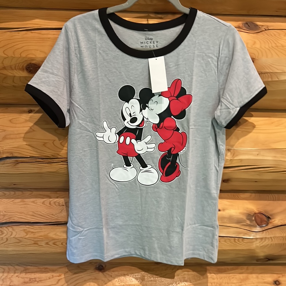 Disney NWT Mickey & Minnie Jrs.Ringer Style T-Shirt Size Various in Heather Gray - Picture 3 of 5